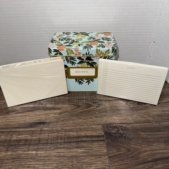 RIFLE PAPER CO Garden Fruit Recipe Box Tin With Recipe Cards & Dividers - Picture 2 of 7